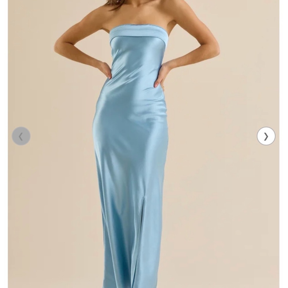 Altar'd State Strapless Satin Dress in Light Blue